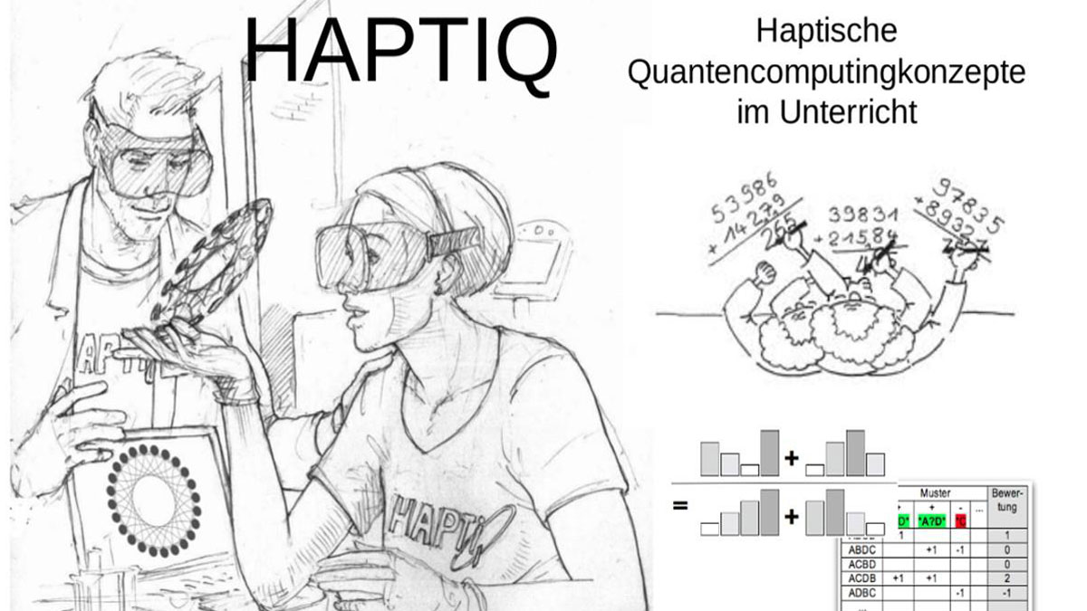 HAPTIQ Zeichnung: Mann und Frau mit Brillen betrachten technischen Gegenstand
