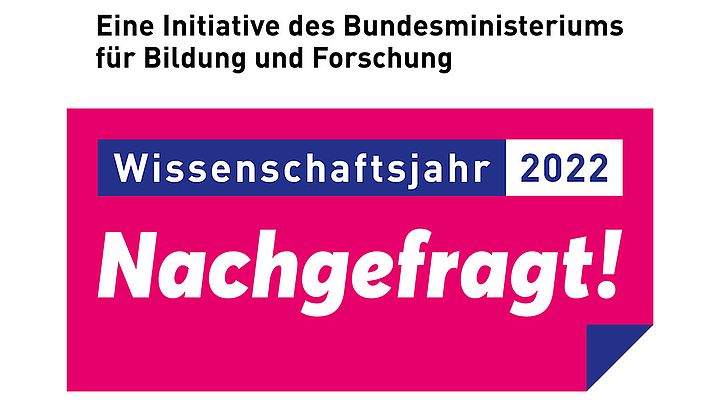 Das Logo des Wissenschaftsjahres 2022 Nachgefragt mit dem Text: Eine Initiative des Bundesministeriums für Bildung und Forschung. Wissenschaftsjahr 2022. Nachgefragt!